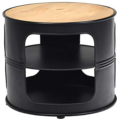 GIANTEX 3-stöckiger Couchtisch Beistelltisch, Wohnzimmertisch mit offenen Regalen, runder Ölfass Möbel Weinfass, Industrie Sofatisch Holz & Metallrahmen, Kaffeetisch Teetisch Bistrotisch 50x50x41,5cm