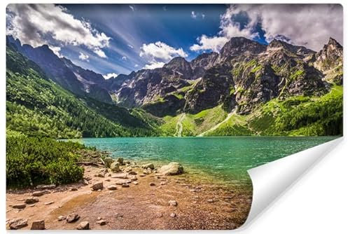 Muralo Selbstklebende Vlies Fototapete SEE MORSKIE OKO Tatra Berge Wald Bäume Pflanzen Steine Natur Landschaft 3D für Wohnzimmer Schlafzimmer Br. 300cm x Hö. 210cm