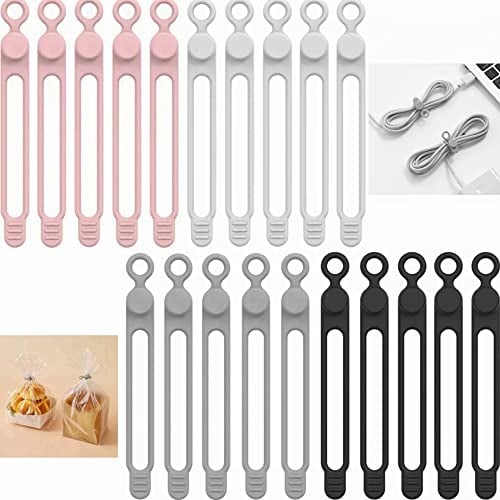 Kiwochy 20 Stück Silikon Kabelbinder Wiederverwendbar Verstellbare Kabelbinder aus Silikon Multifunktionale Kabelorganisator Elastischer Kabelorganisator Silicone Cable Ties (Schwarz Weiß Rosa Grau)