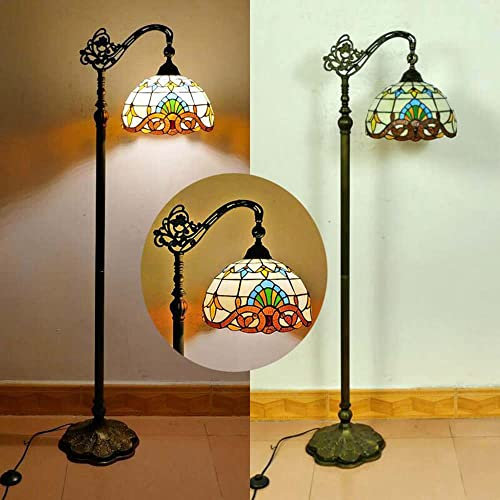 Vintage Tiffany Salon Lampadaire Baroque Lampe sur pied avec interrupteur à pied Verre coloré Chambre Lampe de Chevet avec abat-jour réglable Rétro Base en résine E27 Bureau Lampe de lecture H165CM