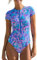 CUPSHE Damen Badeanzug High Neck Kurzarm Reißverschluss vorne Rash Guard Blumenmuster Einteilige Bademode Swimsuit Lila Blaue Blumen L