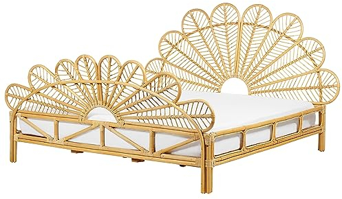 Bett Rattan Hellbraun Lattenrost 180x200 cm Kopf- & Fußteil Pfauform Florentine