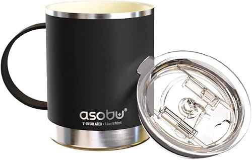 PATIFUN ASOBU - Taza isotérmica de acero inoxidable con revestimiento interior de cerámica, 350 ml, color negro