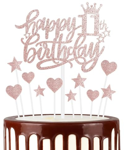 Happy 11th Birthday Cake Toppers, Rose Gold Cake Cupcake Toppers for Cake, Glitter Heart Stars Cake Toppers, Birthday Gift, Personalised Cake Toppers for Women Girls 11th Birthday Cake Decorations