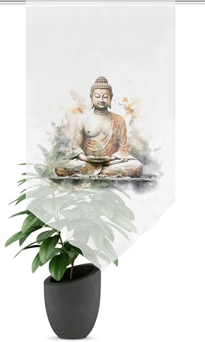 HOME WOHNIDEEN Fensterbehang Zayra, Voile Digitaldruck mit Budda, transparent, Dreiecksabschluss, Farbe:Natur, Größe:100 x 90 cm, Anzahl:1x