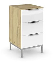 Rauch Möbel Flipp, Nachttisch, Nachtkommode für Schlafzimmer, mit Metallkufe chrom, Eiche Artisan/Glasfront Weiß, Holz, 3 Schubladen, Griffe chrom, 40x72x42cm