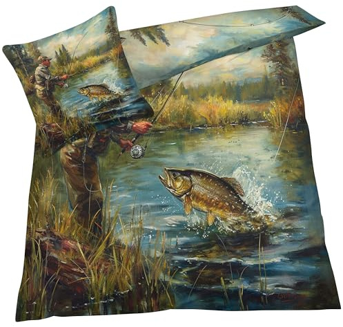 YELDAN Bettwäsche 135x200 Jagd, Angeln Bettbezug, Bettwäsche-Sets 2 teilig, Weich & Bügelfrei Mikrofaser Wendebettwäsche und 1 Kissenbezug 80x80 mit Umschlag
