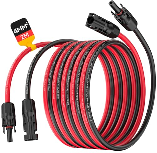 SORLPV SOLARKABEL 4MM², PV VERLÄNGERUNGSKABEL 2M MIT BUCHSEN UND SOLARSTECKER, 12AWG SOLARKABEL VERLÄNGERUNG, IP68 WASSERDICHTEM PHOTOVOLTAIK KABEL STECKER FÜR SOLARSYSTEME (ROT/SCHWARZ)