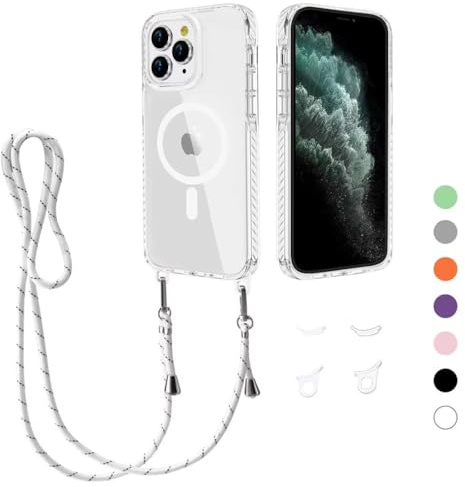 MBSLFY Handyband Handyhülle für iPhone 12 Pro Max Hülle mit Band [Kompatibel mit Magsafe] Transparente Magnetisch Handyhülle mit Abnehmbar Schutzhülle kompatibel mit iPhone 12 Pro Max, Weiß