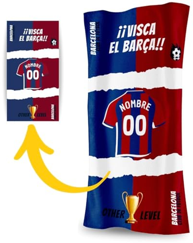DEREGALOOS Toalla Personalizada con Nombre y Equipo de fútbol. Regalos Personalizados fútbol Barcelona. Regalo Original para Aficionados del Fútbol. Regalo Mundial futbolistas.