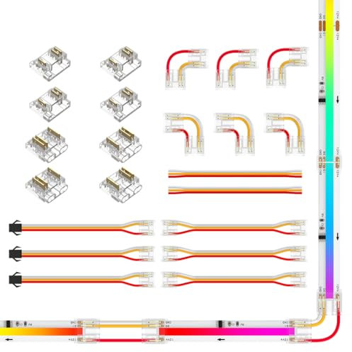 BTF-LIGHTING FCOB 3pin 10mm LED-Streifenverbindersatz L-förmiger Stecker Dual-End mit Drahtverbinder Strip zu SM Buchsenstecker Lückenloser Verbinder Verbinder von Streifen zu Draht 15cm 22AWG Kabel