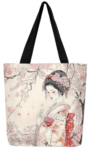 Loussiesd Japanische Geisha Leinwand Einkaufstasche Frauen Kirschblüten Stoffbeutel Japanischer Stil Tragetasche Japanische Tradition Ästhetisch Einkaufsbeutel Bag