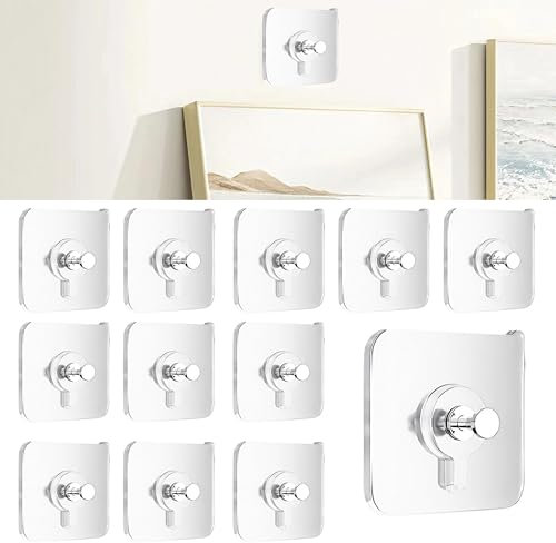 12 Pcs Bilderhaken Ohne Bohren,Bilderhaken Selbstklebend,Bilderrahmen Klebehaken für Gemälde Uhr Dekorative Poster,Klebenägel Wand Hanging,Transparent Extra Stark Klebenagel Fliesen Hooks (6 × 6cm)