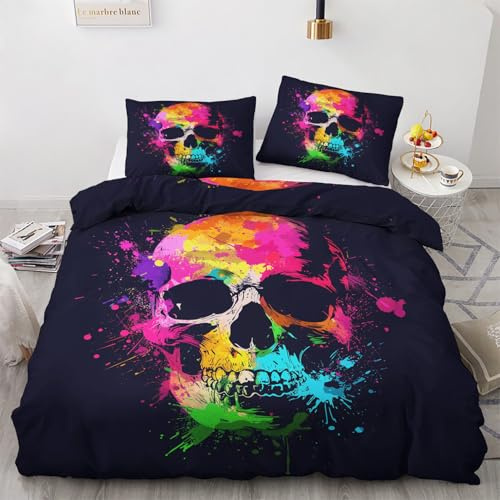 Bettwäsche 155x220 Totenkopf - Graffiti Skelett Bettbezug 155x220 3 Teilig - Wendebettwäsche & 2 Kissenbezug 80x80 cm - Weiche Mikrofaser Bettwäsche-sets mit Reißverschluss - Schlafzimmer Bett Deko