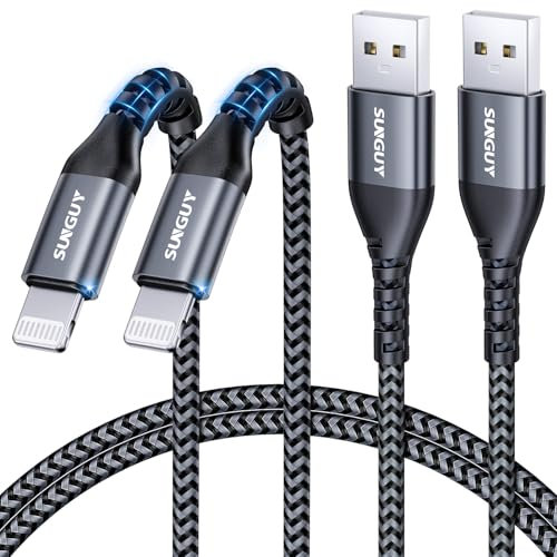 SUNGUY Cable iPhone 1m, 2 pièces Cable USB vers Lightning Certifié MFi Nylon Cable Lightning Compatible avec iPhone 14/13/12/11 Pro Max Mini Xs 8 7 6 5 Plus, iPad Air/Mini