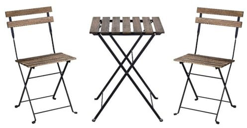 LOLAhome Set Muebles de Balcón Completo | Mesa y 2 Sillas Plegables, de Madera y Acero Negro | Tratamiento Anticorrosión y Madera Sostenible | para Jardín, Terraza o Balcón | Sirio