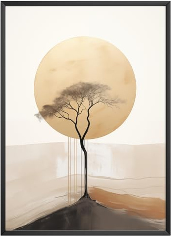 MJ-GRAPHICS® Poster Baum Bild Mond Poster Natur Kunstdruck Wohnzimmer Wandbild Minimalistische Kunst Beige Braun Meditative Landschaft Deko Boho – A3 Ohne Rahmen