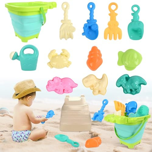 Euakee Giocattoli da Spiaggia, 12 Pezzi Giochi Spiaggia Bambini con Coccodrillo Secchiello Pieghevole, Pala, Stampi per la Sabbia per Bambini Ragazzi e Ragazze (Verde)
