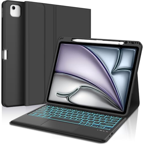 Funda con Teclado para iPad Air 13 M2/M3 2024/2025 con Touchpad, Retroiluminado de 7 colores, Teclado Español Ñ Bluetooth Magnético Extraíble para iPad Pro 12.9 6.ª/5.ª/4.ª/3.ª Generación, Negro