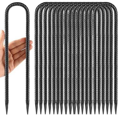 Besitu 12 Inches Trampoline Wind Stakes 16-Pack, Heavy Duty U Stakes for Ground, Trampoline Tie Down Anchor Kit for Swing Set and Soccer Goal Galvanized Steel Anchors Black