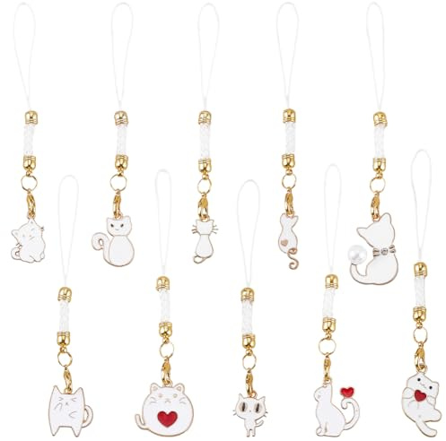 SUNNYCLUE 20 Stück 10 Stile Katzen Handyanhänger Süßer Handyanhänger Weiße Emaille Zum Aufhängen Kawaii Tierkatzen Kätzchenform Handygurte Für Handyhüllen Für Erwachsene Schlüsselanhänger Party Handta