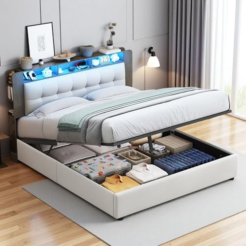 Bett, Truhe, 160 x 200 cm, LED, gepolstert, mit LED und USB-Anschluss, offene Regale und versteckter Aufbewahrung am Kopfteil, für 2 Personen für Erwachsene und Jugendliche, PU, Schwarz (Weiß, 160 x