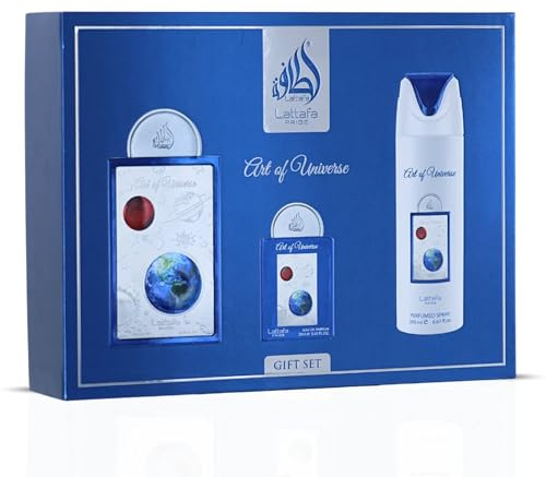 Lattafa Pride Art Of Universe Gift Set 3-Piece for Men (100ml EDP + 200ml Perfumed Body Spray + 20ml Travel EDP) – Long-Lasting Fragrance – Bergamot, Mandarin, Ginger, Amber, Musk