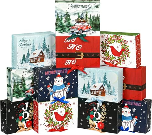 LATERN 12 Stück Weihnachtsboxen Geschenkboxen mit Deckel, 27CM x 20CM x 8CM Kraftpapier Weihnachtsgeschenkbox Weihnachtsthema Muster Box mit Farbig Schleife für Weihnachtsfeier Geschenk Verpackung