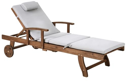 Beliani Acacia Wood Garden Sun Lounger Reclining with Wheels Classic Design with Light Grey Cushion Amantea Premium