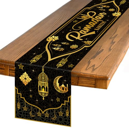 Tasoraor Ramadan Mubarak Deko Tischläufer - Schwarz Gold Eid Tischdecke mit Sterne Mond und Laternen, Stoff Tischdeko für Muslim Party Islamische Festival 180 × 35 cm
