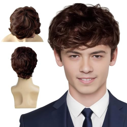 Brown Wigs for Men, Short Mens Wigs Wavy Funny Wig 60s 70s and 80s Fancy
