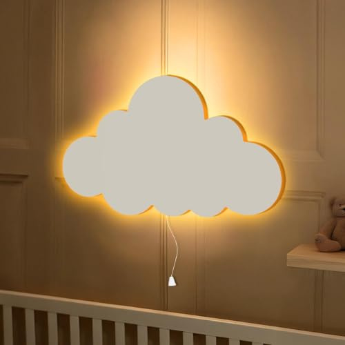 Marco Paul Cloud Nachtlicht für Kinderzimmer, weißes Holz, Wandmontage, Zugschnur-Lampe, batteriebetriebene LED-Beleuchtung für Babyzimmer, Kinderzimmer Dekor und Neugeborene Nacht