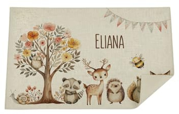 Bärenfreunde Kinder Platzdeckchen personalisiert, Platzset, abwaschbare Tischuntersetzer, Platzdecke Stoff Baby, Untersetzer mit Design lustig und Namen (Blumenbaum)