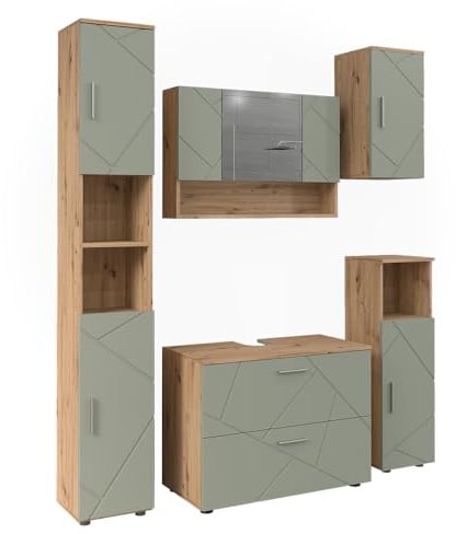 Vicco Badmöbel-Set Irma, Salbeigrün, 80 cm | besteht aus Waschbeckenunterschrank, Spiegelschrank, Hochschrank, Midischrank und Hängeschrank