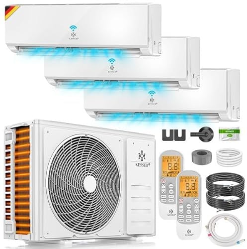 KESSER® Multisplit Klimaanlage 3 Innengeräte, 27000 BTU, Split Klimagerät Set mit WiFi/App, Heizen & Kühlen, Inverter, Eco-Modus, Luftentfeuchter & Ventilator, sehr leise, R32, Montagematerial