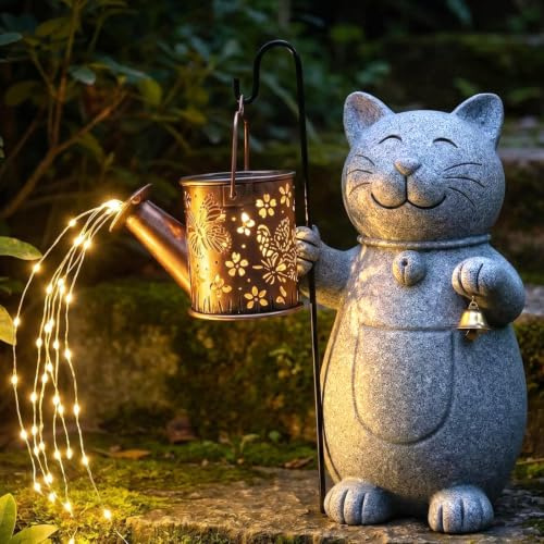 Katze Garten Deko, Katzen Geschenke für Frauen Mama, Garten Balkon Terrassen Deko Außen mit Solar Laterne Gartendeko für Draußen Wetterfest Gartenfiguren Gartenstatuen für Geburtstag Weihnachten