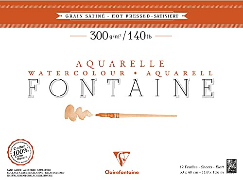 Clairefontaine - Ref 96351C - Fontaine Hot Pressed Watercolour Glued Pad (12 Sheets) - 30 x 40cm Size, 300gsm Paper - Suitable for Watercolour Artwork