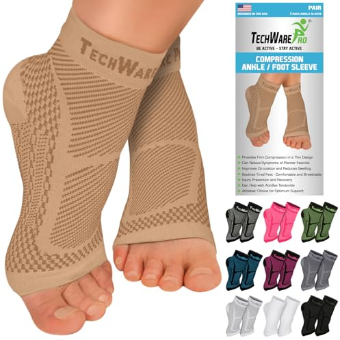 TechWare Pro Ankle Brace Compression Sleeve - Relieves Achilles Tendonitis, Joint Pain. Plantar Fasciitis Foot Sock with Arch Support Reduces Swelling & Heel Spur Pain. (Beige, L/XL)