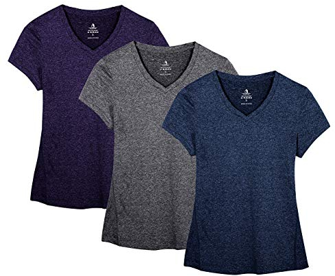 icyzone Damen Sport Fitness T-Shirt Kurzarm V-Ausschnitt Laufshirt Shortsleeve Yoga Top 3er Pack (XL, Royal Blue/Purple/Charcoal/)