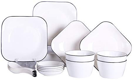 XCXDX 16 Piezas De Vajilla De Cerámica De Línea Negra Blanca, Vajilla, Plato De Ensalada Cuadrado Simple