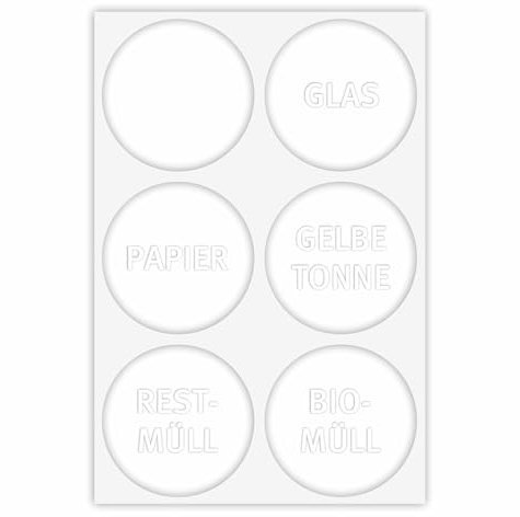 younikat 6 klare Mülleimer-Aufkleber zur Mülltrennung I Sticker-Set rund für Alt-Glas Papier gelbe Tonne Restmüll Biomüll und blanko Etikett I hin305