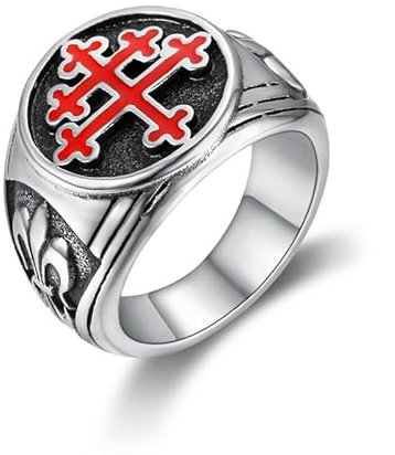 BOBIJOO Jewelry - Bague Chevalière Homme Croix de Lorraine Email Rouge Fleur de Lys Acier Inox - 71 (13 US)