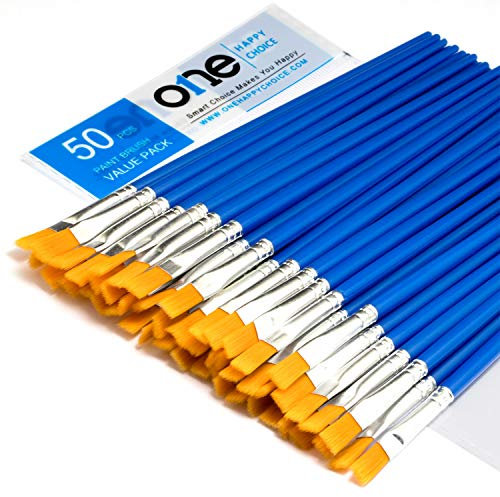 50 Pcs Flat Paint Brushes Set with Synthetic Hair, Short Plastic Handle, Small Brush Bulk Kit, Acrylic Oil Watercolour Fine Art Painting for Starter, Value Pack