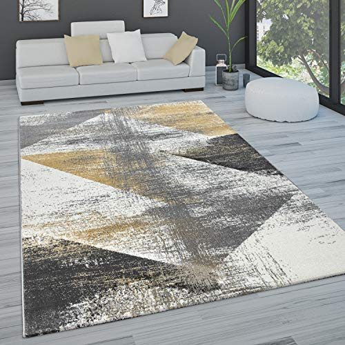 Paco Home Teppich Wohnzimmer Schlafzimmer Kurzflor Vintage Optik Modern Pastell Rautenmuster Abstrakt, Grösse:160x230 cm, Farbe:Gelb
