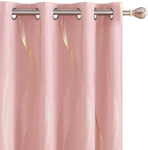 Deconovo Blackout Eyelet Curtains Thermal Insulated Gold Wave Line Foil Printed Curtains for Bedroom 46x72 Inch Coral Pink 2 Panels