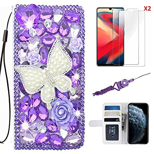 HFICY Schutzhülle für iPhone 11 Pro, mit 2 Glas-Displayschutzfolien für Damen, Glitzer-Diamanten, Leder, Filo-Slots und Ständer, Brieftaschen-Schutzhülle und Umhängeband (Perlen-Schmetterling)