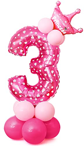 3 Folienballon Zahl der Rosa, Balloon Decoration, 32 Zoll Folienballon Nummer 3 Rosa,Große Folienballons Zahlen 3 Geburtstagsdekoration,Krone Zahl 3 Luftballons für Party, Geburtstag, Kindergeburtstag