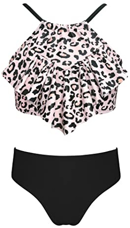 SHEKINI Costume da Bagno per Ragazze Due Pezzi Regolabile Halter Volant Stampa Estivo Bikini Ragazza Costumi da Bagno per 6-14 Anni(8-10 Anni,Nero)