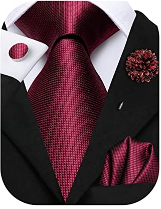 Hi-Tie Seidenkrawatte und Einstecktuch, Manschettenknöpfe, Reversnadel-Set, Jacquard, Hochzeit, Business, Krawatte für formelle Anlässe, Burgund B, M