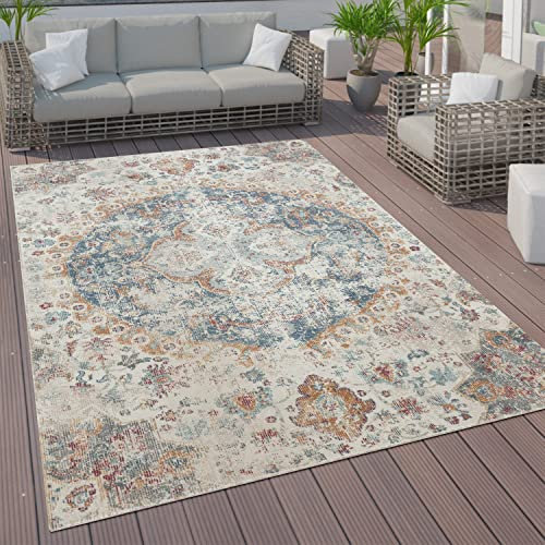 Paco Home Outdoor Teppich Wetterfest Wohnzimmre Balkon Küche Schlafzimmer Orient Muster Vintage Modern Beige Blau Creme, Grösse:160 cm Rund
